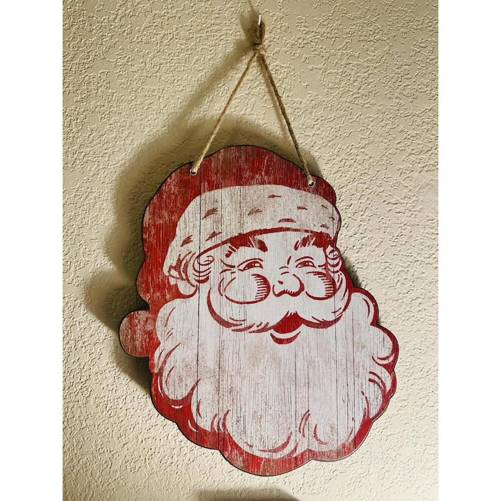 Wooden Hanging Santa Head Red White Glitter Novelty Trading Corp 10" x 12"  EUC